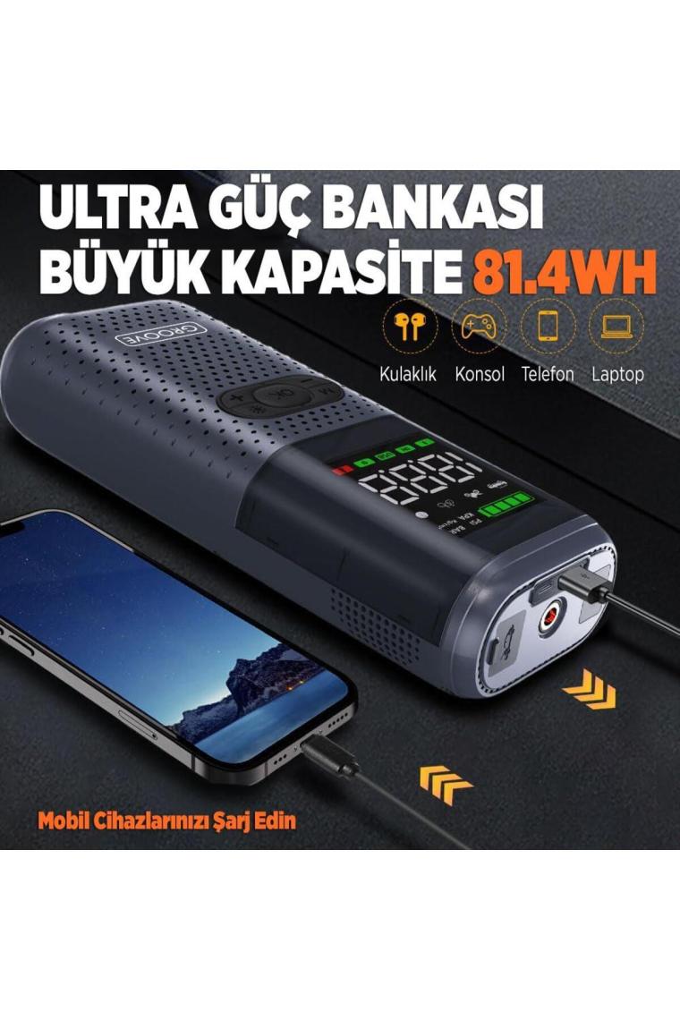 Groove HCB002 22000MAH 2500A Akü Takviye Cihazı + Lastik Şişirme Kompresörü Taşınabilir Jump Starter (Kompresör+Powerbank+Led Lamba+Lcd Ekran)