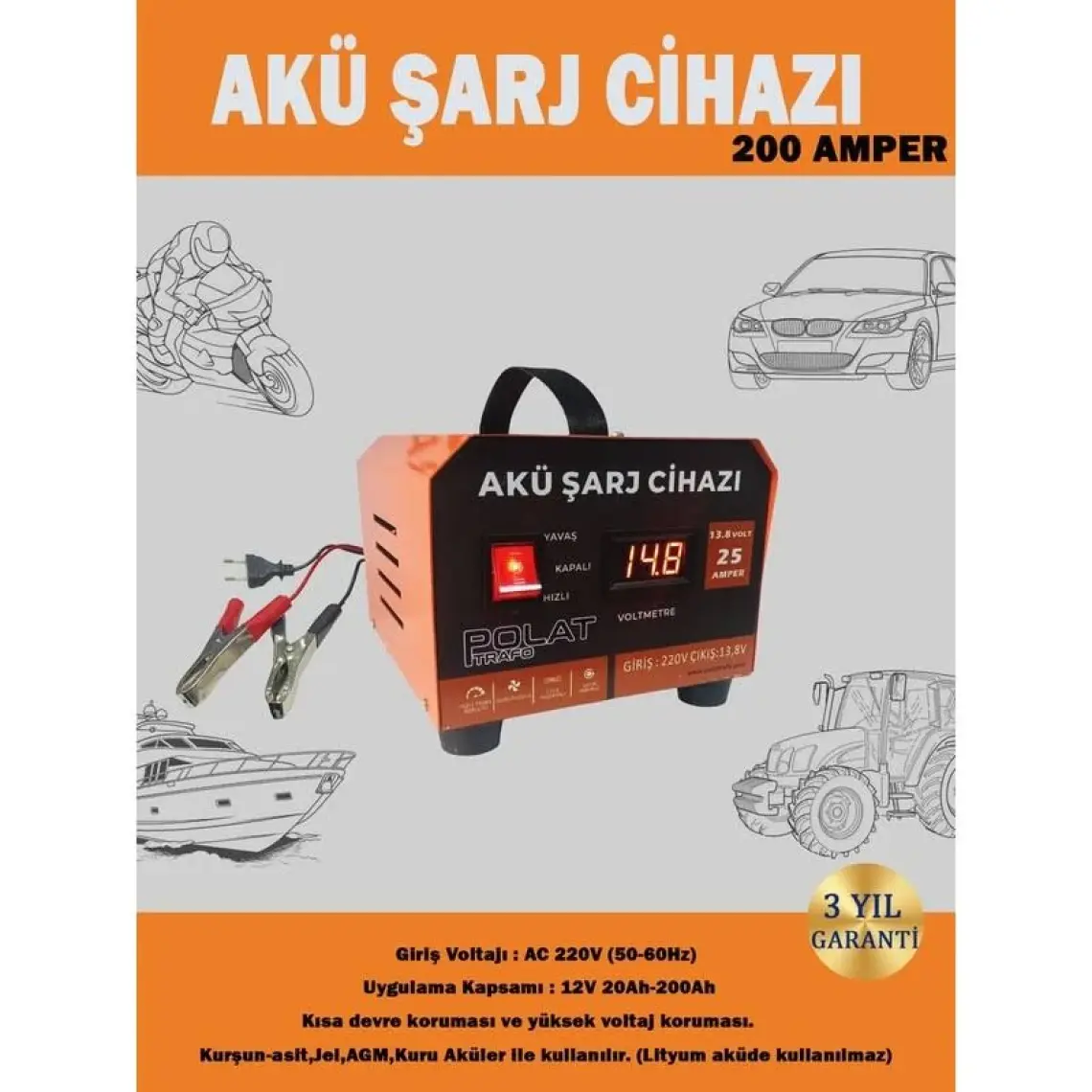 Polat 12 Volt 10-200 Amper Akü Şarj Cihazı