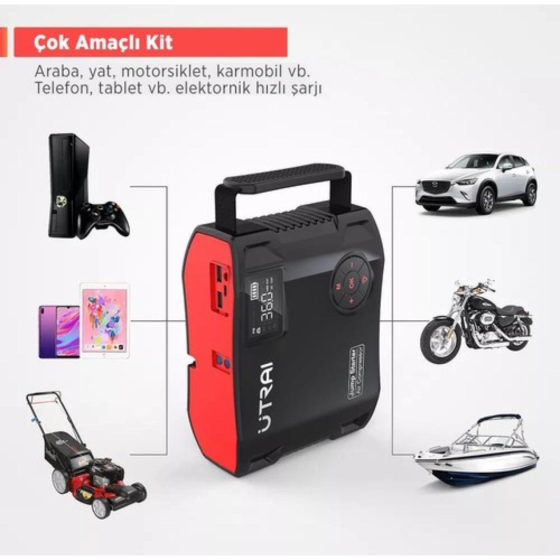 Ütraı Utraı Jstar 5 24000MAH 2000A Jump Starter Taşınabilir Akü Takviye Cihazı + Lastik Şişirme Hava Kompresörü ( Çanta + LCD Ekran + Powerbank + LED Lamba)