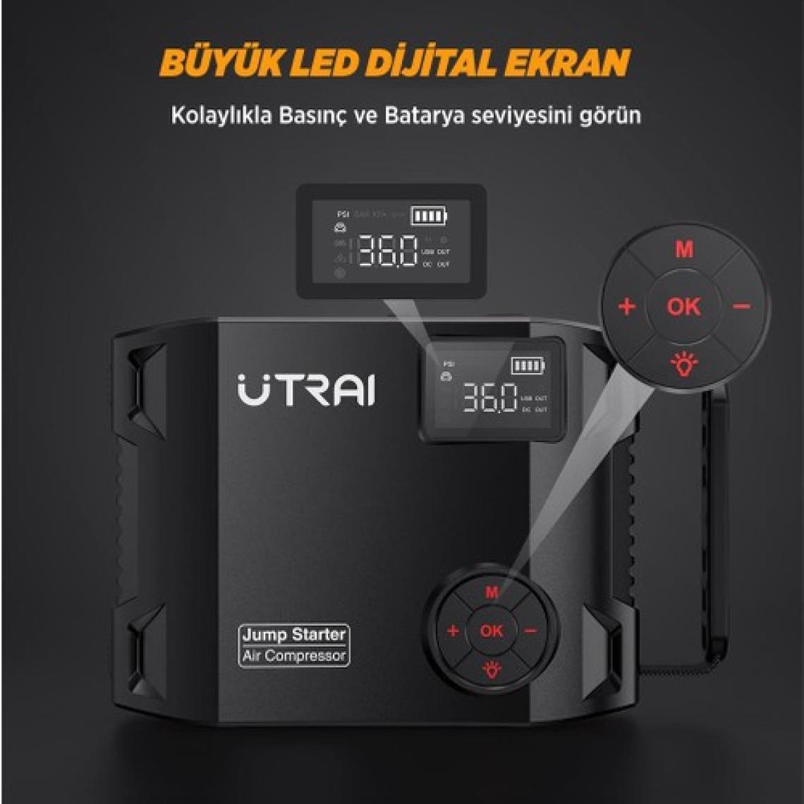 Ütraı Utraı Jstar 5 24000MAH 2000A Jump Starter Taşınabilir Akü Takviye Cihazı + Lastik Şişirme Hava Kompresörü ( Çanta + LCD Ekran + Powerbank + LED Lamba)