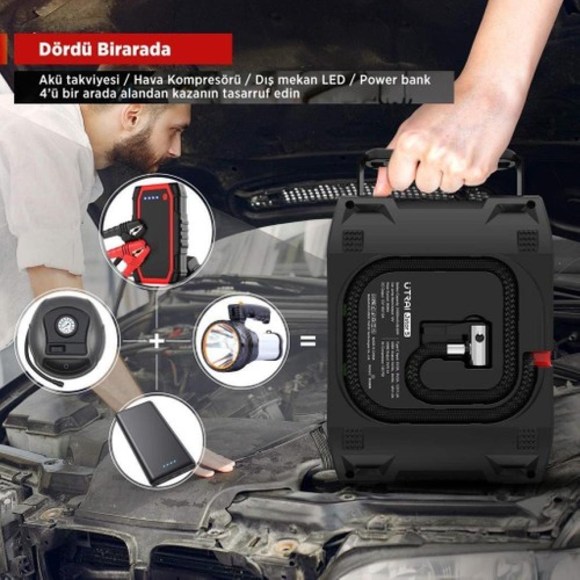 Ütraı Utraı Jstar 5 24000MAH 2000A Jump Starter Taşınabilir Akü Takviye Cihazı + Lastik Şişirme Hava Kompresörü ( Çanta + LCD Ekran + Powerbank + LED Lamba)