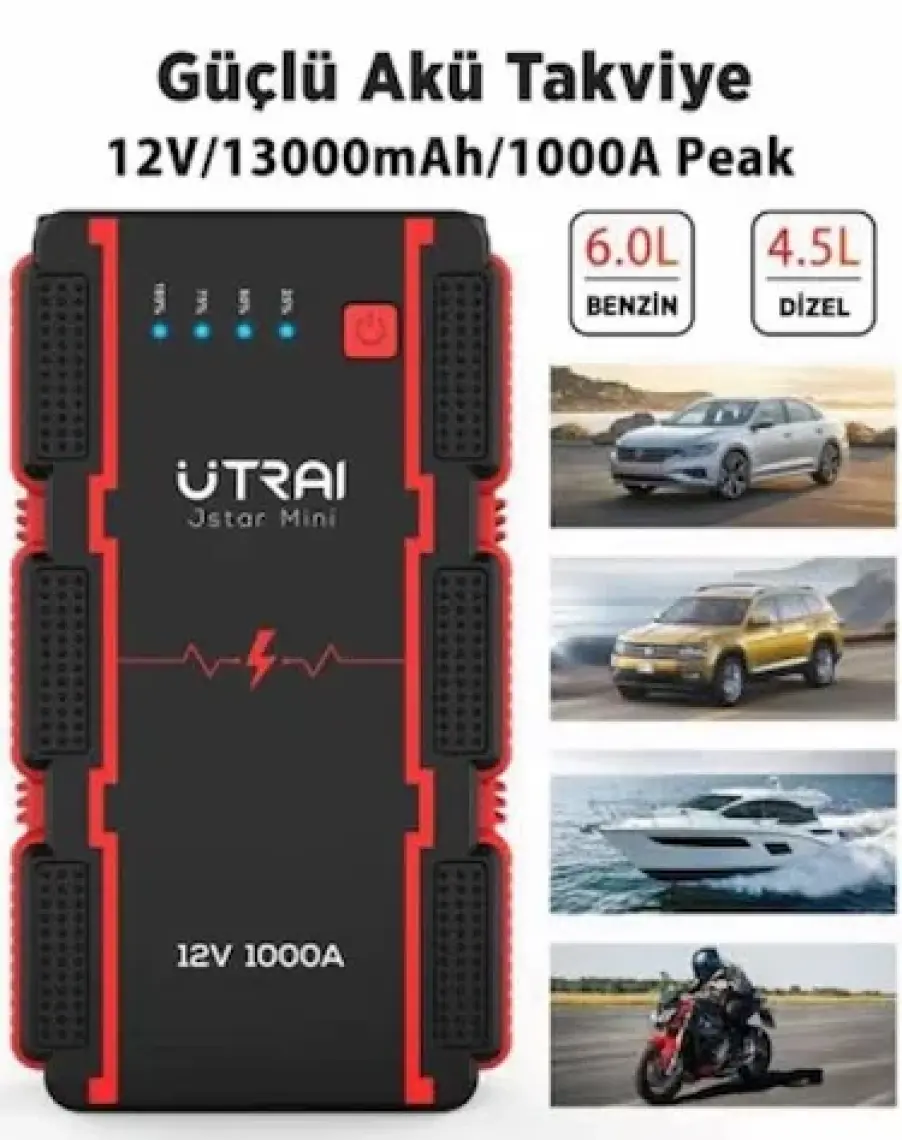 Utraı Jstar Mini 13000MAH 1000A Jump Starter Taşınabilir Akü Takviye Cihazı ( Powerbank + LED Lamba)