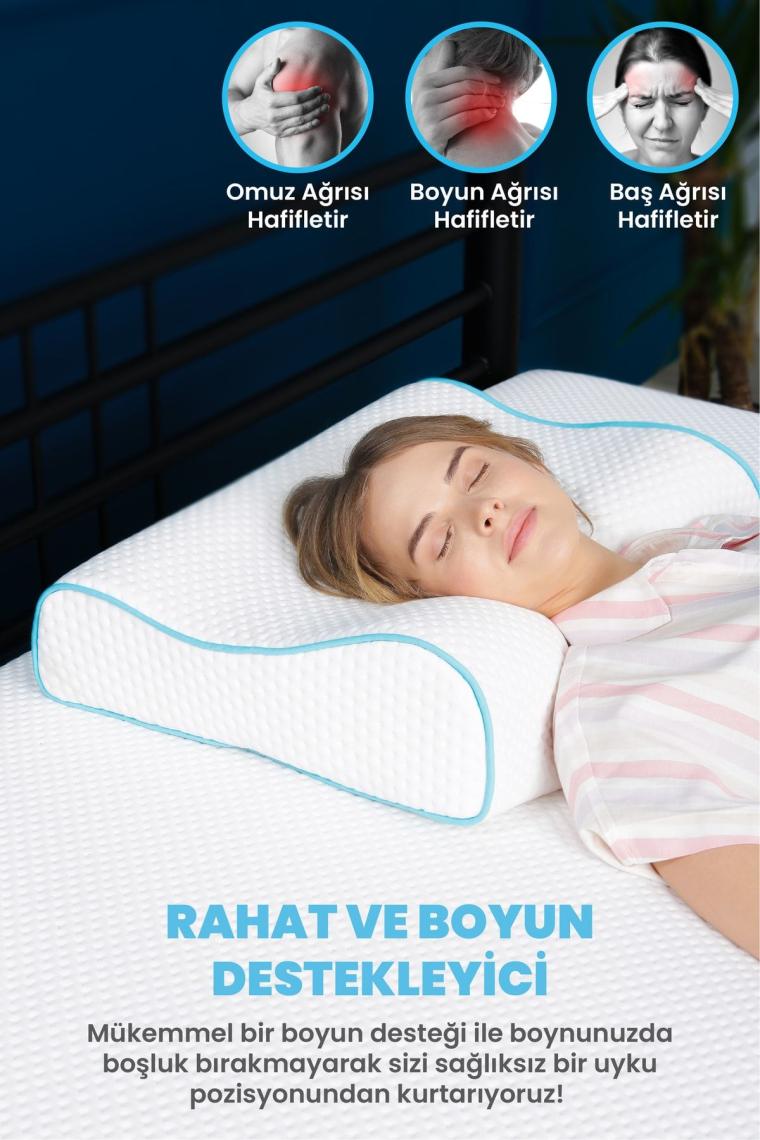 Yüksek Boyun Destekli Ortopedik Yastık Çift Boyun Destekli Visco Yastık - 60x40x14-12cm