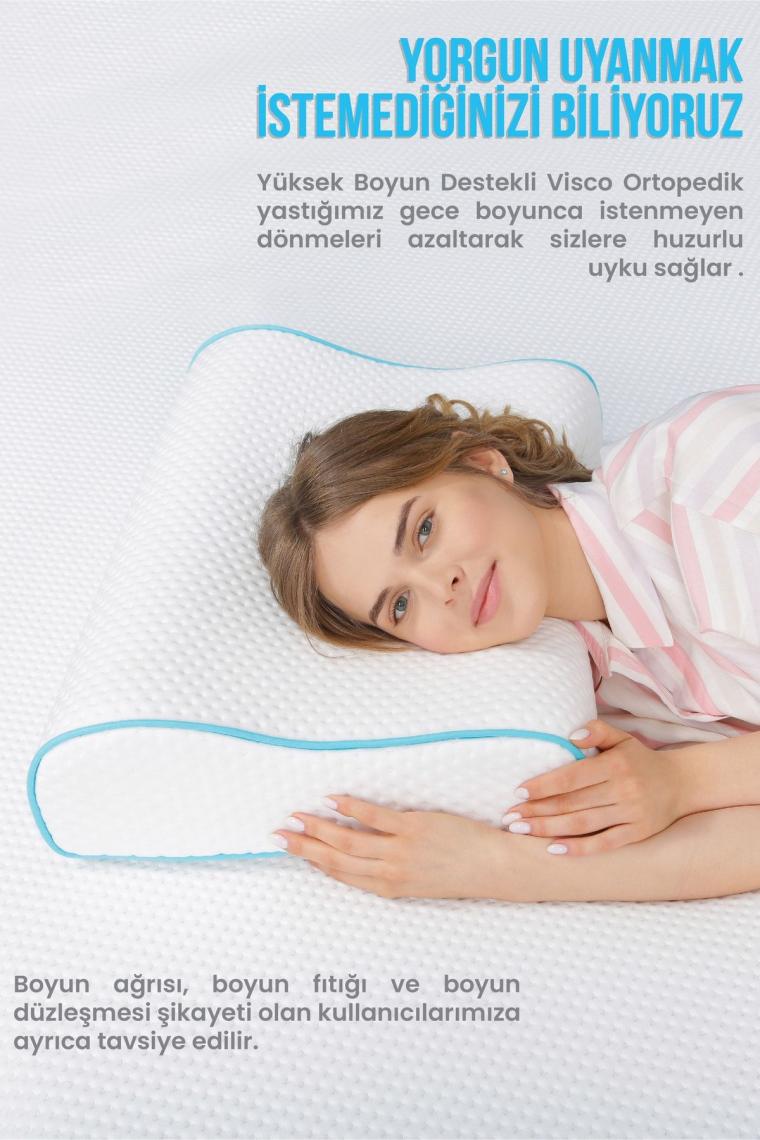 Yüksek Boyun Destekli Ortopedik Yastık Çift Boyun Destekli Visco Yastık - 60x40x14-12cm