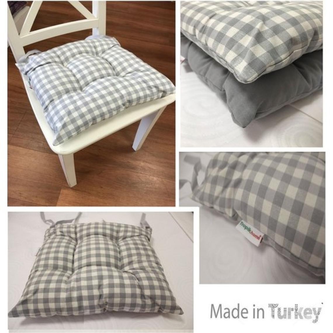 Tropik Home Ekose Gri Balkon Sandalyesi Minderi Pamuklu Kumaş Pofidik Elyaflı Sırt Sandalye Minderi 40X40 cm