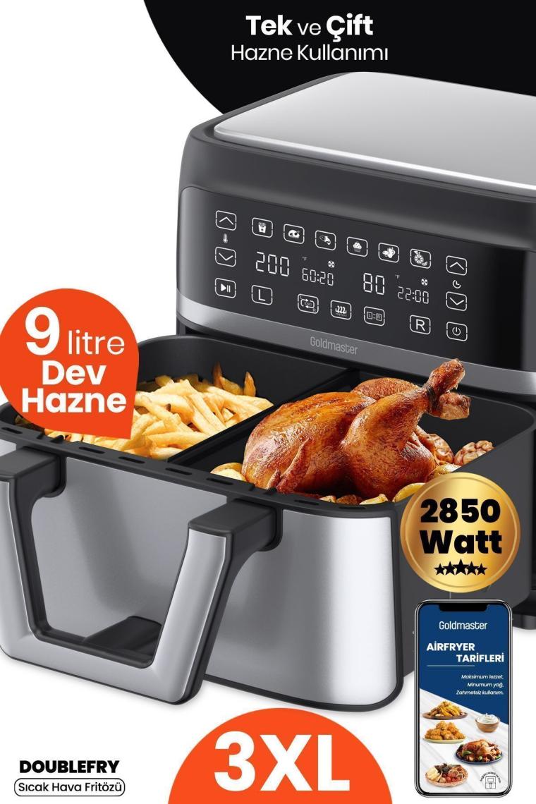 Doublefry 2850w 9 Litre 3xl Dev Tek Ve Çift Hazneli Dokunmatik Airfryer Yağsız Sıcak Hava Fritözü