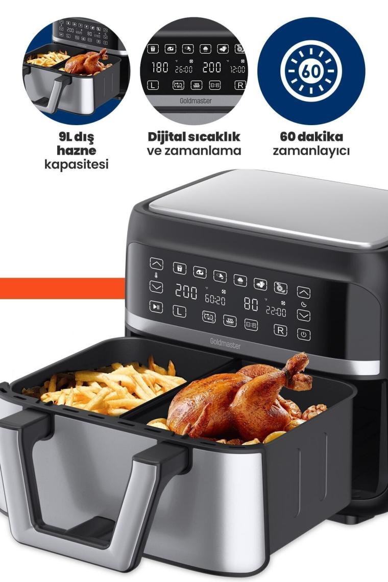 Doublefry 2850w 9 Litre 3xl Dev Tek Ve Çift Hazneli Dokunmatik Airfryer Yağsız Sıcak Hava Fritözü