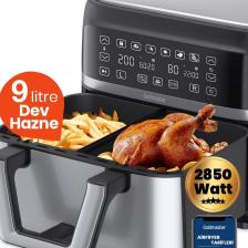 Doublefry 2850w 9 Litre 3xl Dev Tek Ve Çift Hazneli Dokunmatik Airfryer Yağsız Sıcak Hava Fritözü