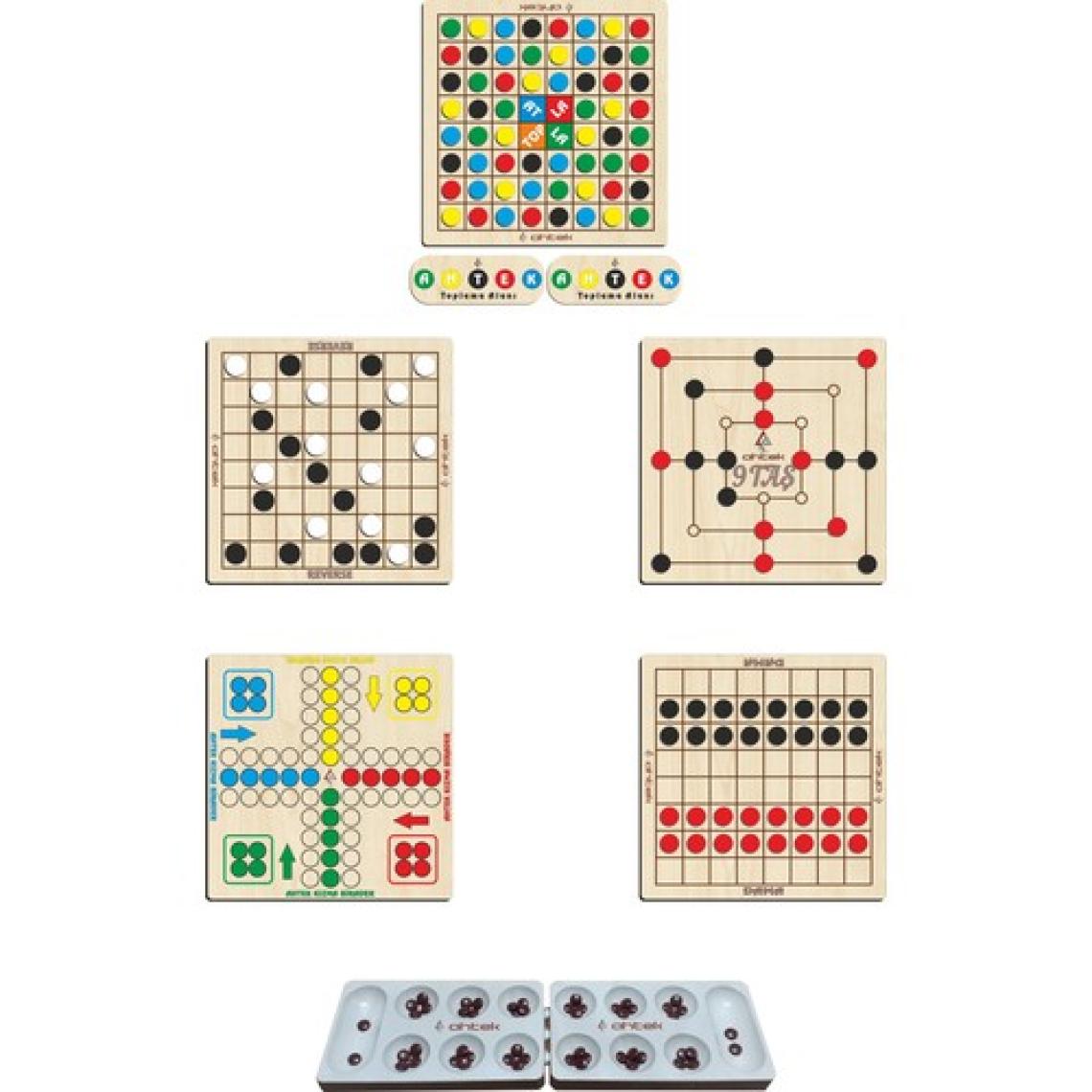 Ahtek Ahşap Zeka Oyun Seti 6 Lı, Mangala + 9 Taş + Dama + Atla Topla + Kızma Birader ve Reversi