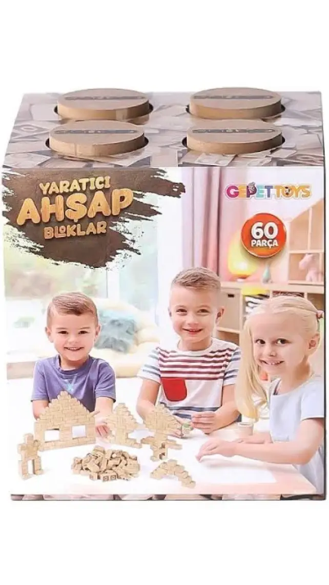 Organik Doğal Ahşap 60 Parça Eğitici Ahşap Yapı Blokları
