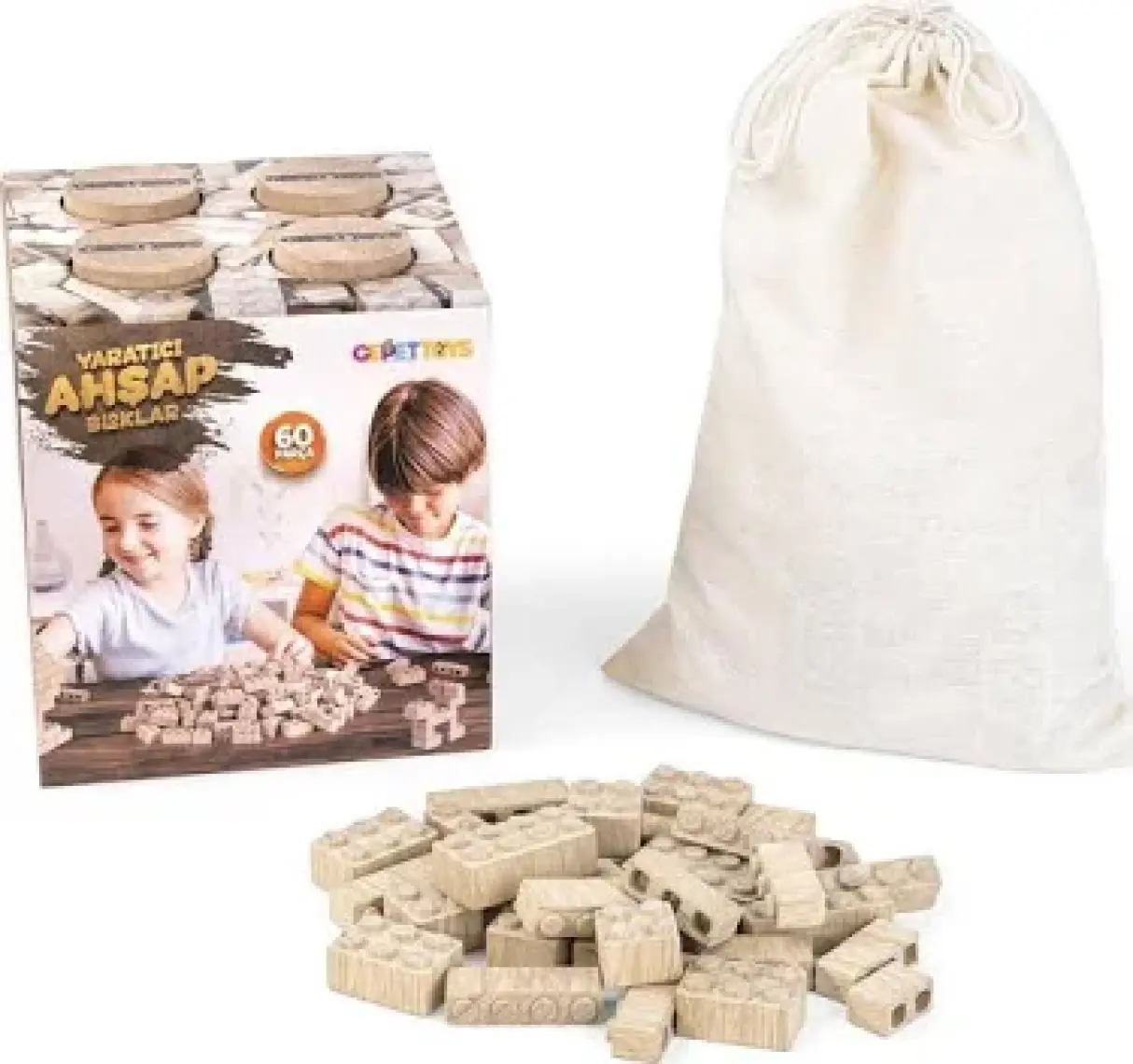 Organik Doğal Ahşap 60 Parça Eğitici Ahşap Yapı Blokları