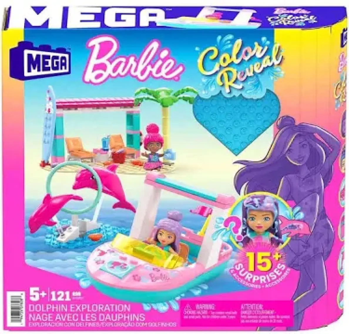 MEGA MEGA™ Barbie® Color Reveal™ Yunus Keşfi Yapı Seti, 2 Mini Bebek ve 2 Yunus ile 10'Dan Fazla Sürpriz İçerir, 5 Yaş ve Üzeri Hhw83