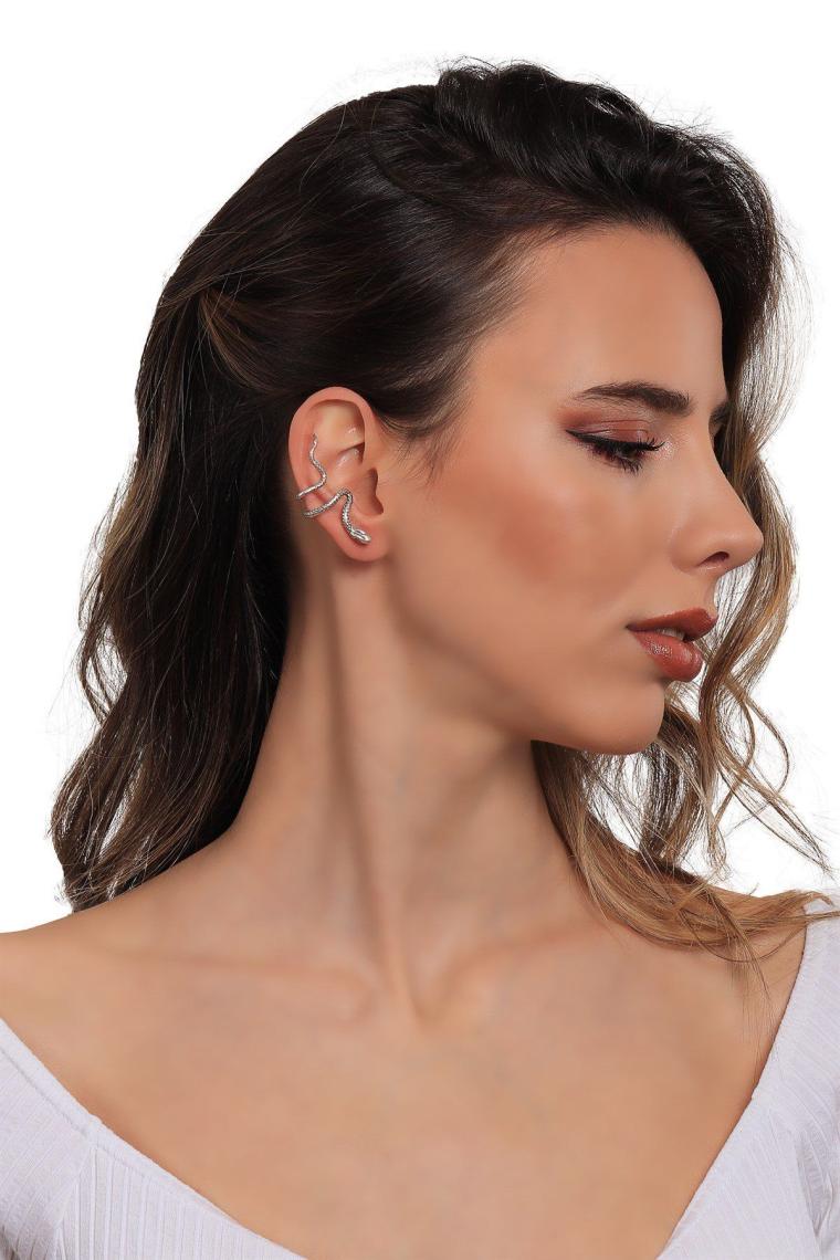 Labalaba Kadın Antik Gümüş Kaplama Sıkıştırmalı Model Yılan Formlu Kıkırdak Küpe & Earcuff