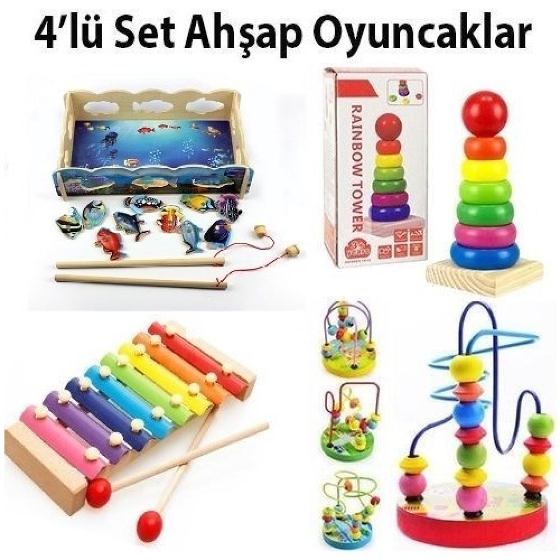 Hamaha  4'in 1 Set Eğitici Ahşap Oyuncaklar - Selefon Mini Tel Labirent Helezon Tekli Kule Balık Tutma