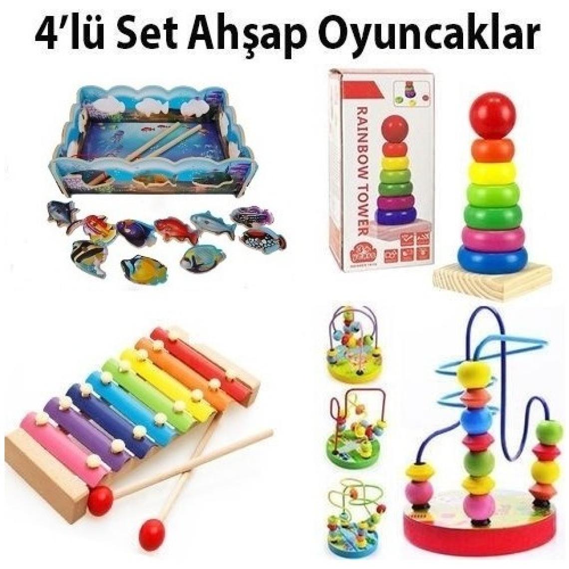 Hamaha  4'in 1 Set Eğitici Ahşap Oyuncaklar - Selefon Mini Tel Labirent Helezon Tekli Kule Balık Tutma