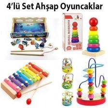 Hamaha  4'in 1 Set Eğitici Ahşap Oyuncaklar - Selefon Mini Tel Labirent Helezon Tekli Kule Balık Tutma