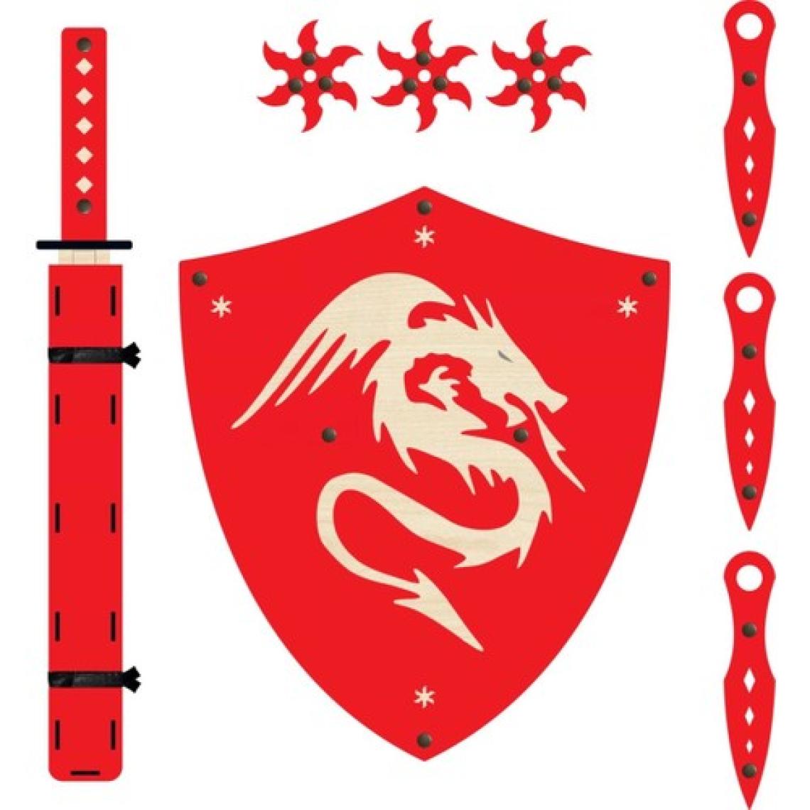 Ahtek Ahşap Oyuncak Samuray Seti 4 Lü, Kalkan +Katana Kılıcı + Ninja Yıldızı Kohga + Fırlatma Bıçağı Kunai Kırmızı