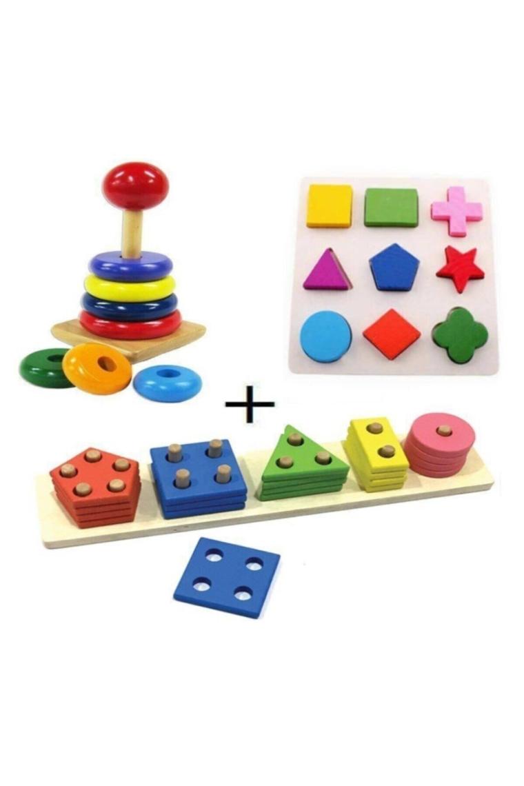 Hamaha Ahşap Eğitici Geometrik Geçmeli Şekiller + Ahşap Tahta Bultak + Ahşap Kule Oyunu