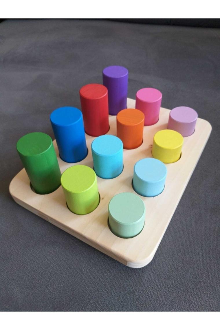 Moccotoys Montessori Eşleştirme Tablalı Silindirler & Eğitici Kartlar - 12 Renk