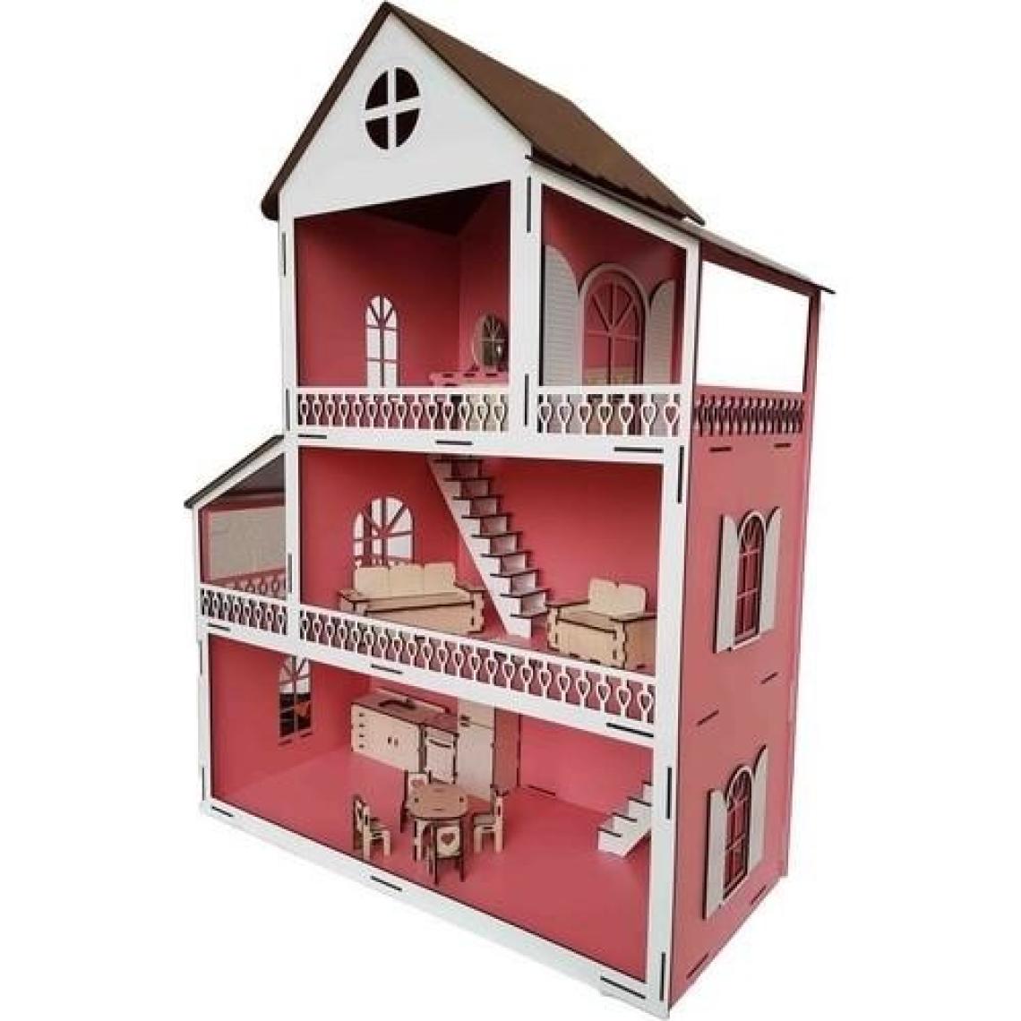 Woody Life Woodylife LED Işık Pembe Ev Çocuk Evcilik Oyuncak Montessori Barbi Evi 80CM