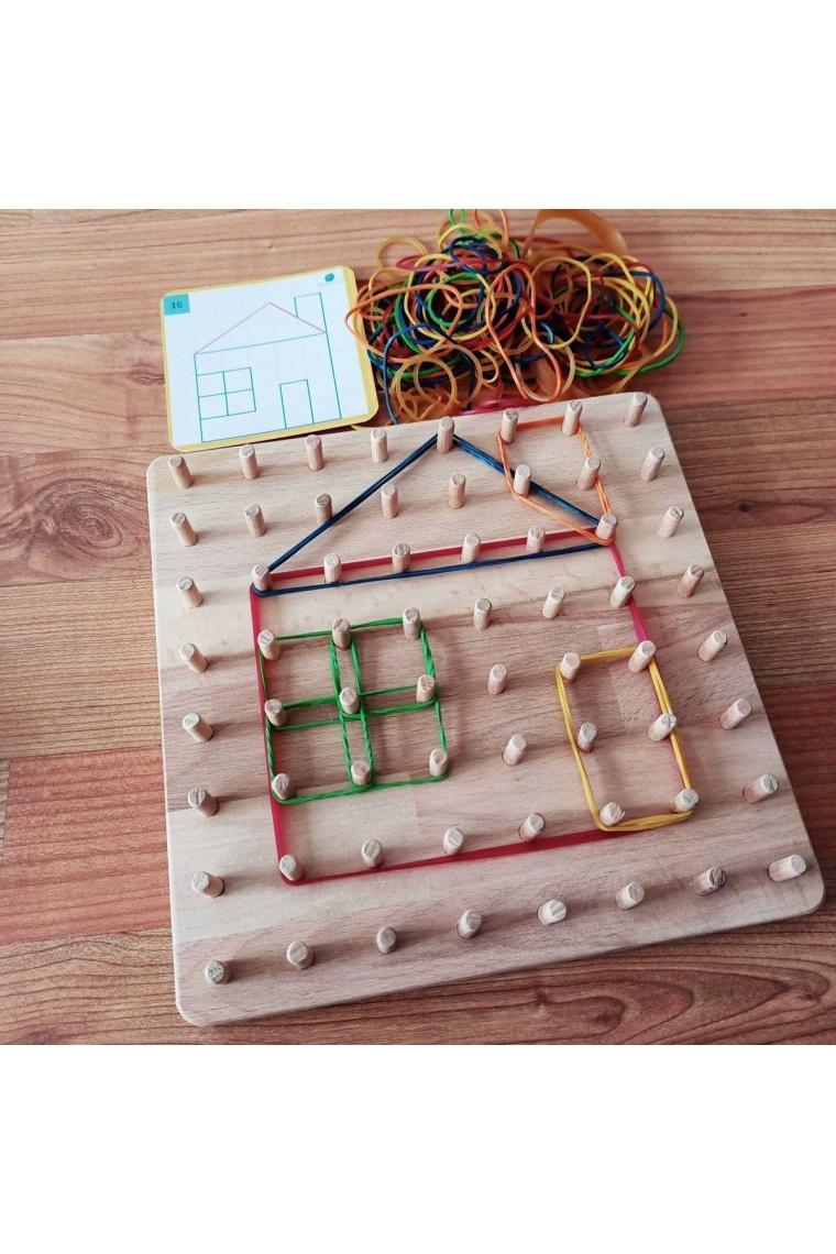 Moccotoys  Montessori Geoboard & Lastikli Şekiller Eğitici Kartlı Geometri Oyunu