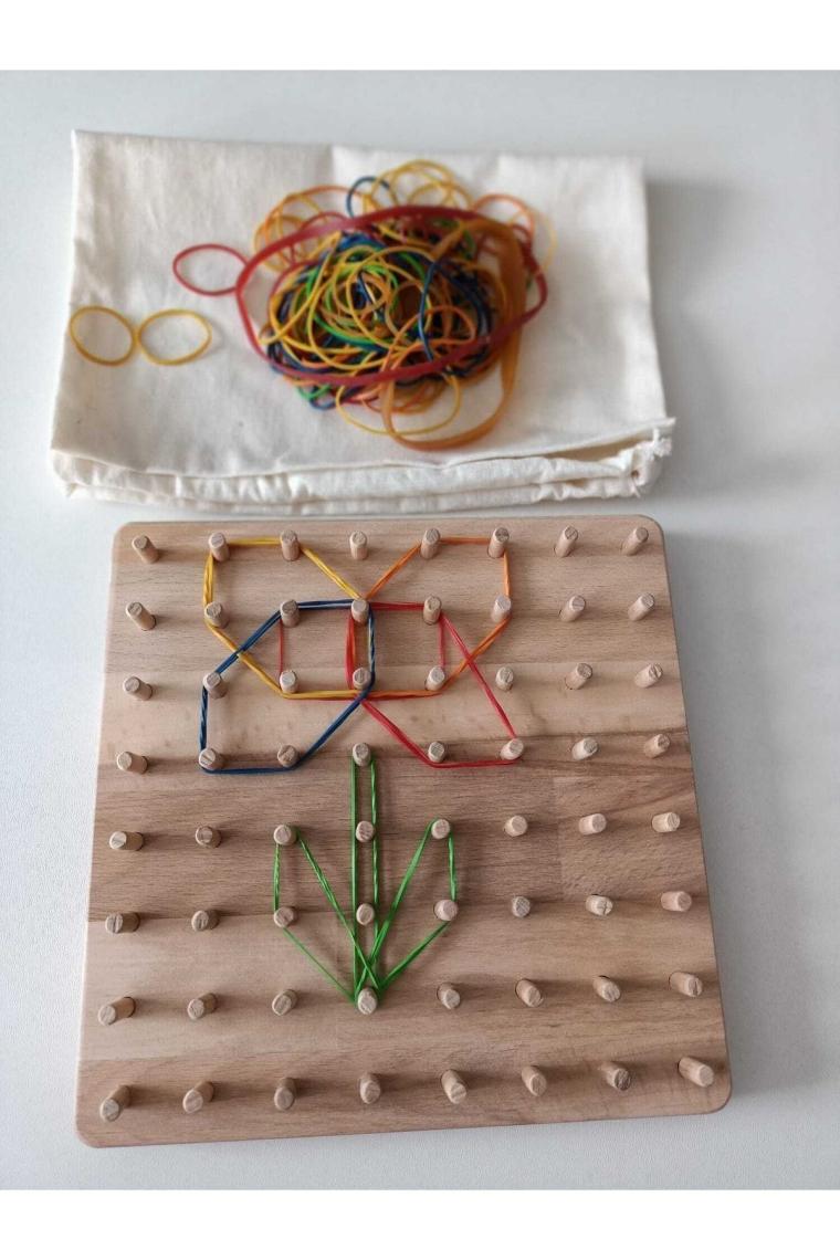 Moccotoys  Montessori Geoboard & Lastikli Şekiller Eğitici Kartlı Geometri Oyunu