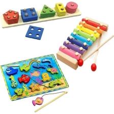 Toys Ahşap Geometrik Şekiller Balık Tutma 8 Nota Selefon Ksilofon 3\'lü Set