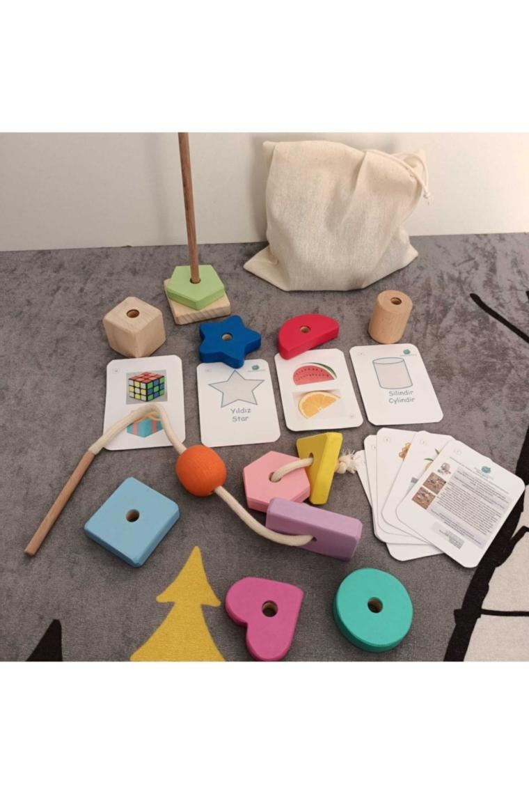 Moccotoys Montessori Giz Torbası ve Ip Geçir Geometrik Şekiller Ikili Eğitici Kartlı Oyunu