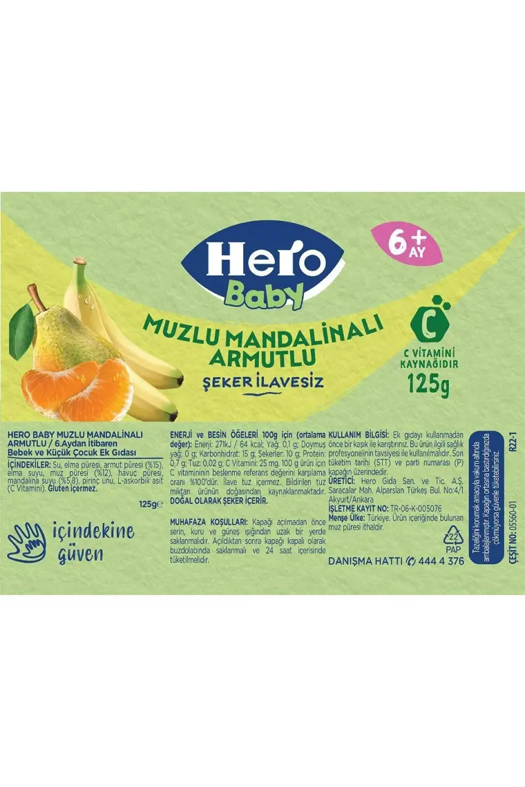 Hero Baby Muzlu Mandalinalı Armutlu Kavanoz Mama 125 gr