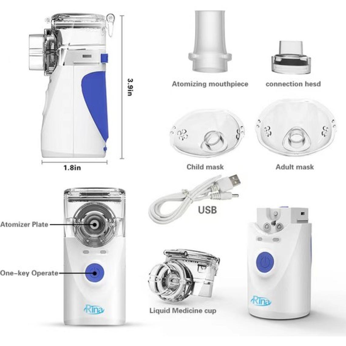 Rina Ultrasonic Taşınabilir Pilli Mesh Hava Makinesi Sessiz Nebülizatör