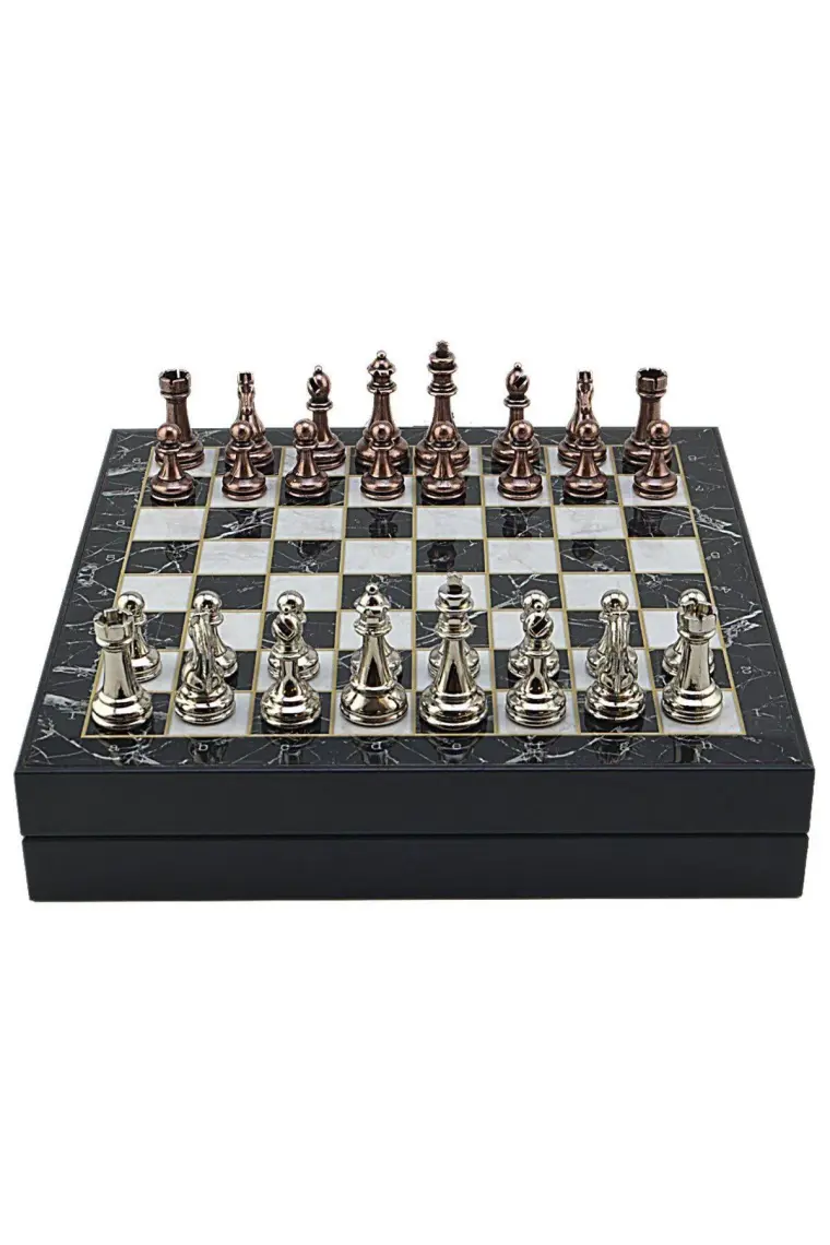 Gifthome Büyük Boy Metal Klasik Satranç Tk. Antik ve Mermer Desenli Sandıklı Mdf TAHTASI(36X36 Cm.)