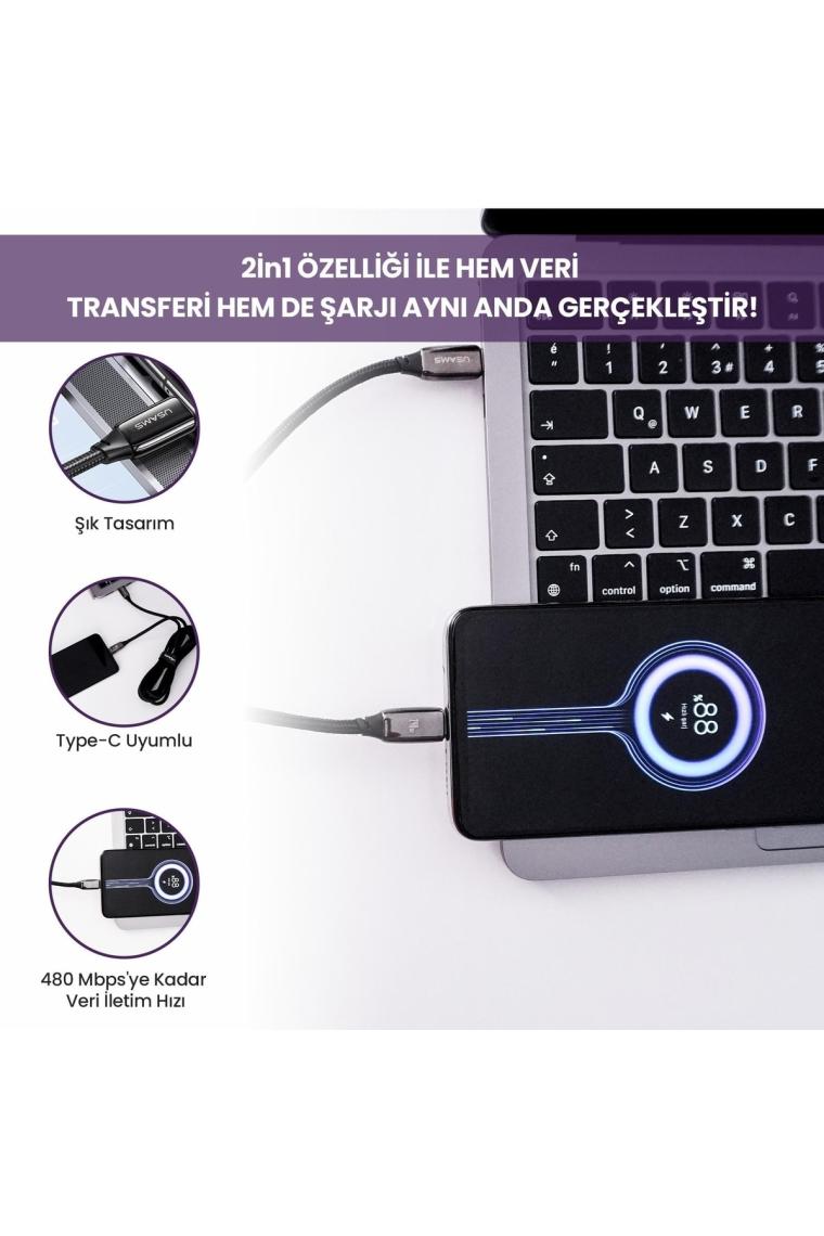 Usams US-SJ581 Pd3.1 Type-C To Type-C Çinko Alaşım 240W Hızlı Şarj ve Data Kablosu 2m