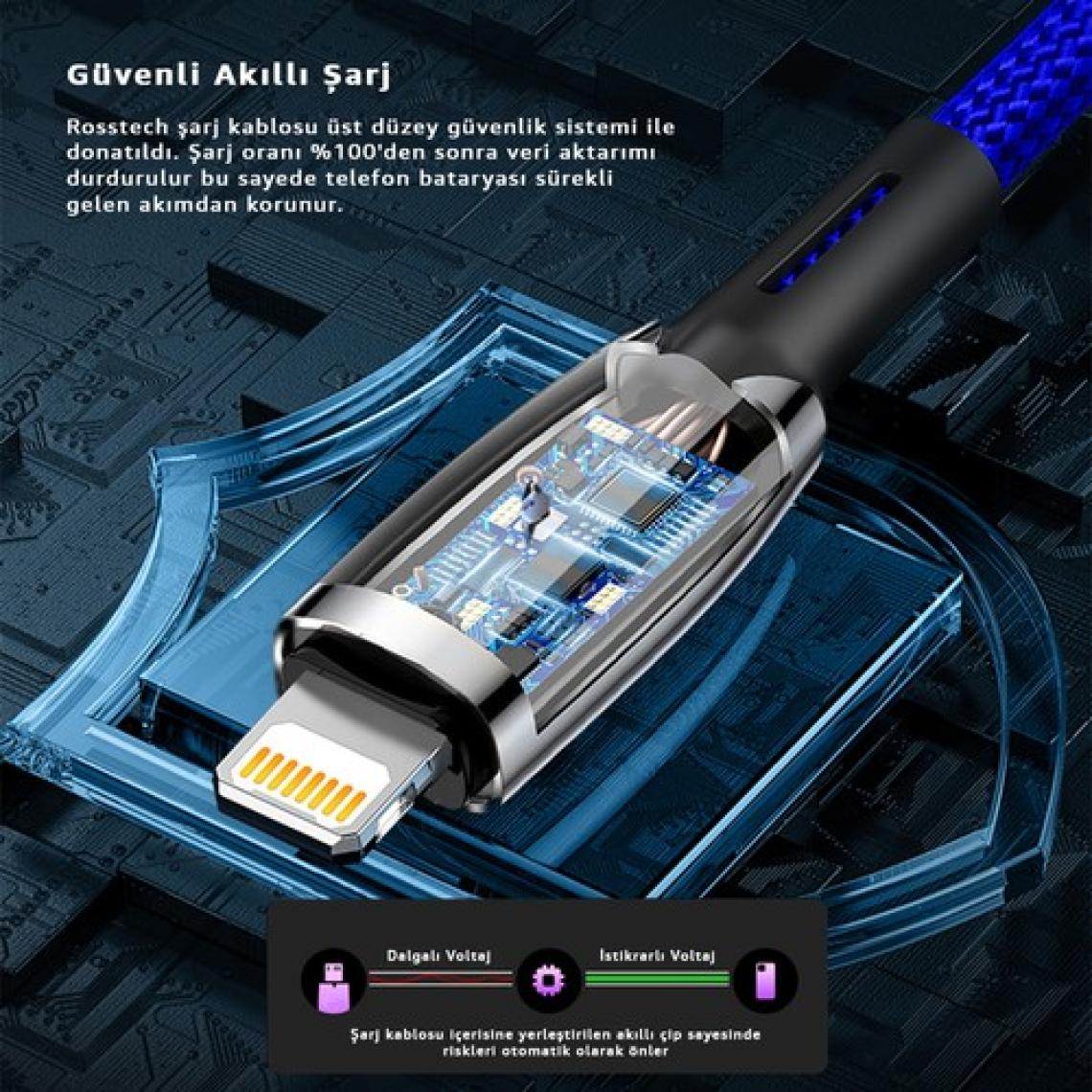 Rosstech Usb-C To Lightning LED Hızlı Şarj Kablosu iphone Uyumlu 1m (Rosstech Türkiye Garantili)