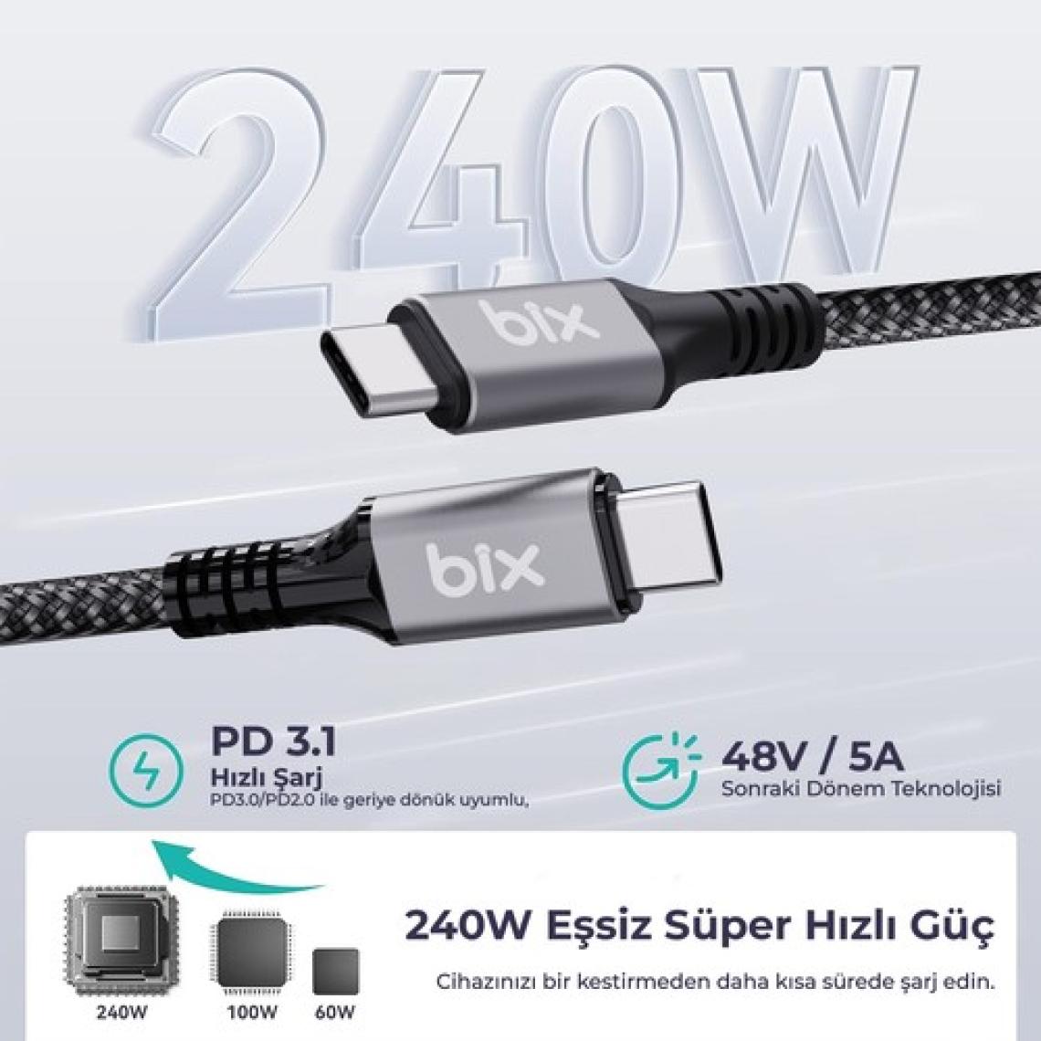Bix BXCC242 USB4 Thunderbolt 3/4 Uyumlu USB-C IF Sertifikalı 240W 40Gbps 8K 60Hz UHD Hızlı Şarj, Data ve Görüntü Aktarım Kablosu 1 Metre