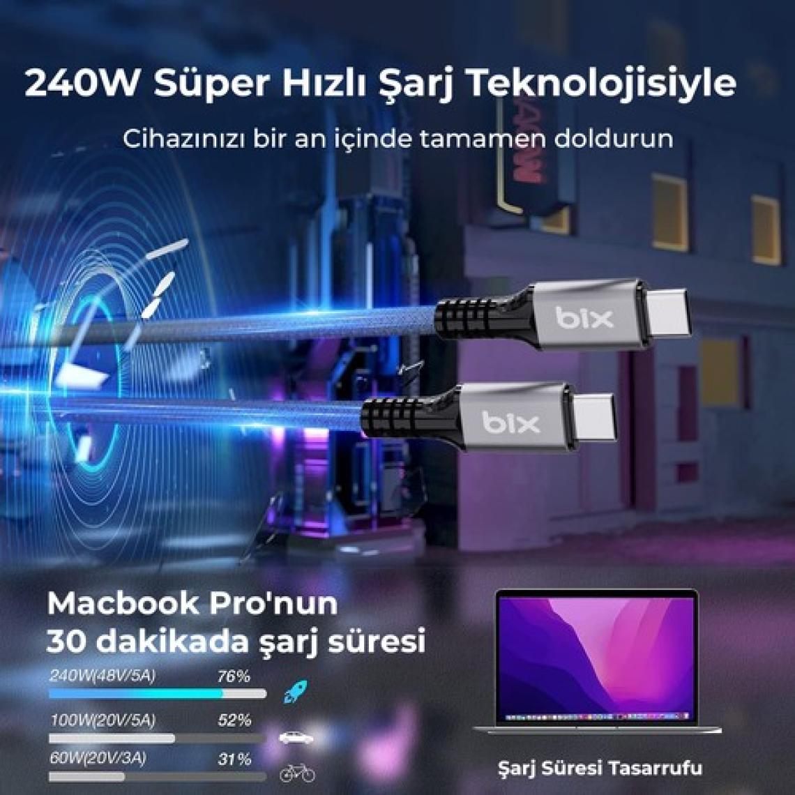 Bix BXCC242 USB4 Thunderbolt 3/4 Uyumlu USB-C IF Sertifikalı 240W 40Gbps 8K 60Hz UHD Hızlı Şarj, Data ve Görüntü Aktarım Kablosu 1 Metre