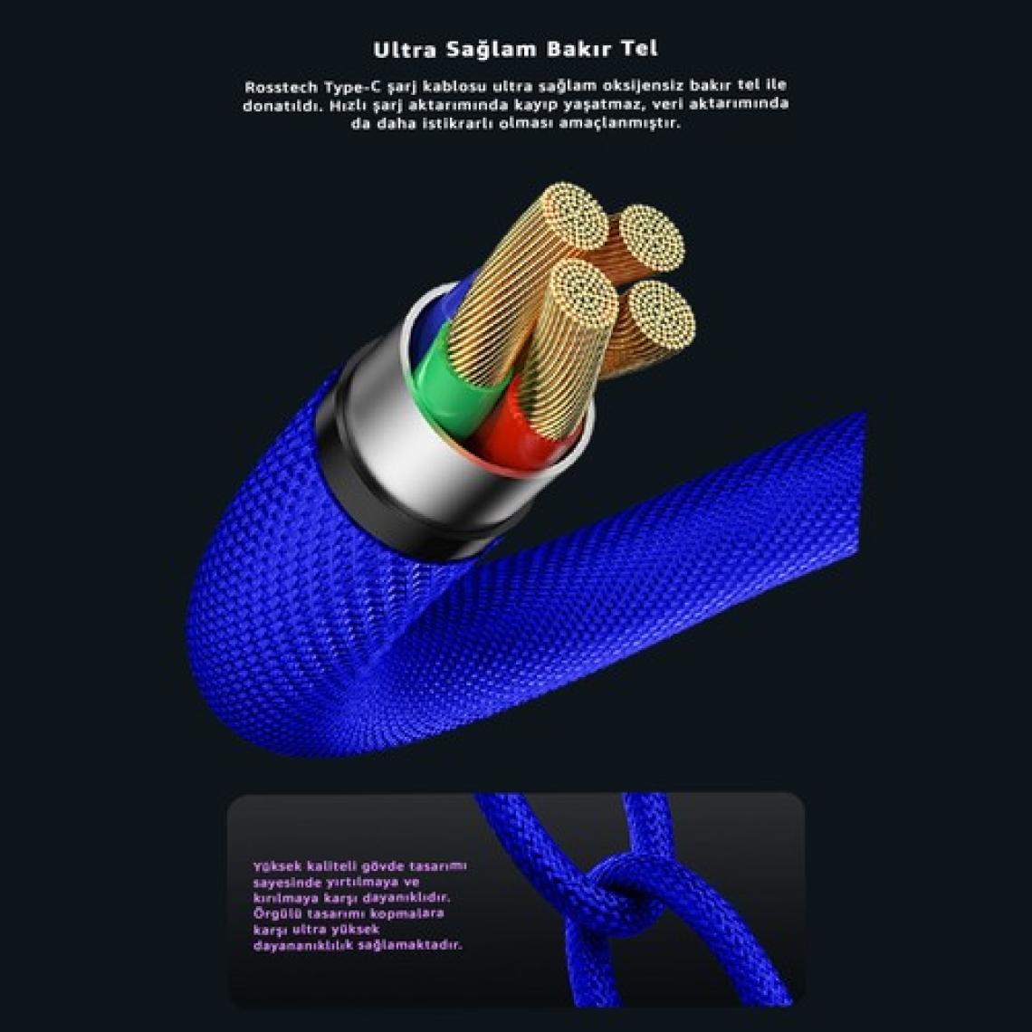 Rosstech Type-C To USB LED Hızlı Şarj Kablosu 3.0A 15W 1m (Rosstech Türkiye Garantili)