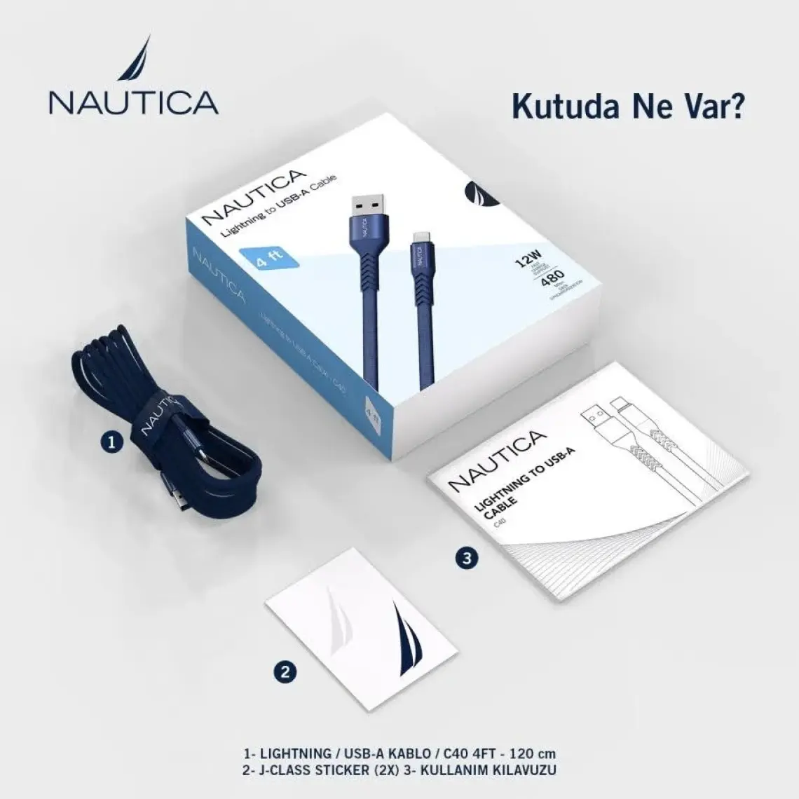 Nautica C40 Lightning To Usb-A 12W Hızlı Şarj ve Data Kablosu 1.2m Navy