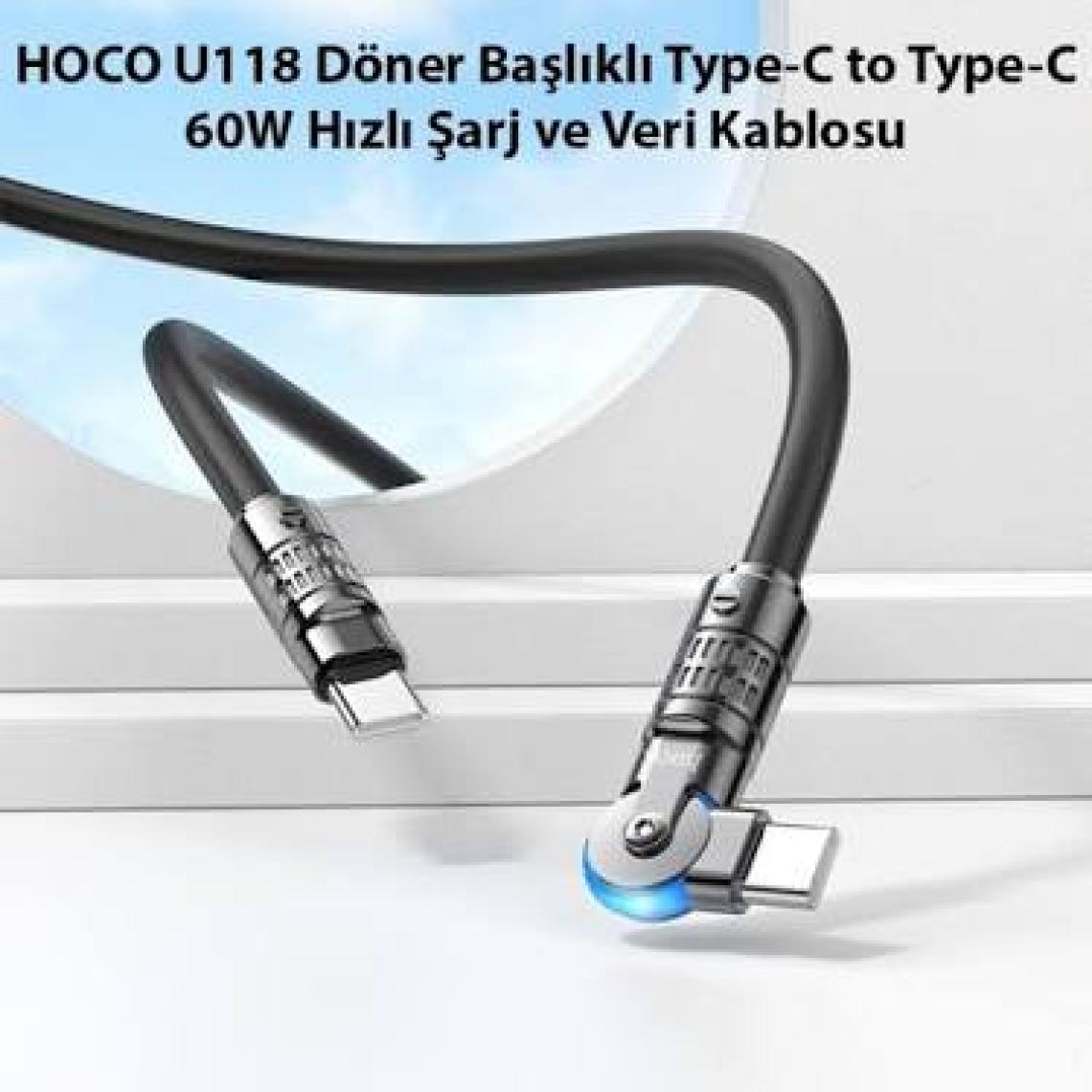 Hoco U118 Döner Başlıklı Type-C To Type-C 60W Hızlı Şarj ve Veri Kablosu