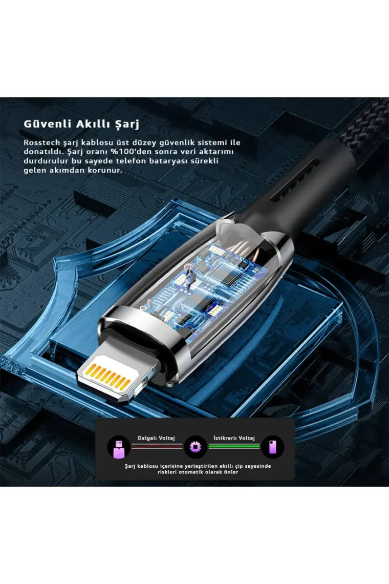 Rosstech Lightning To USB LED Hızlı Şarj Kablosu iphone Uyumlu 1m (Rosstech Türkiye Garantili)
