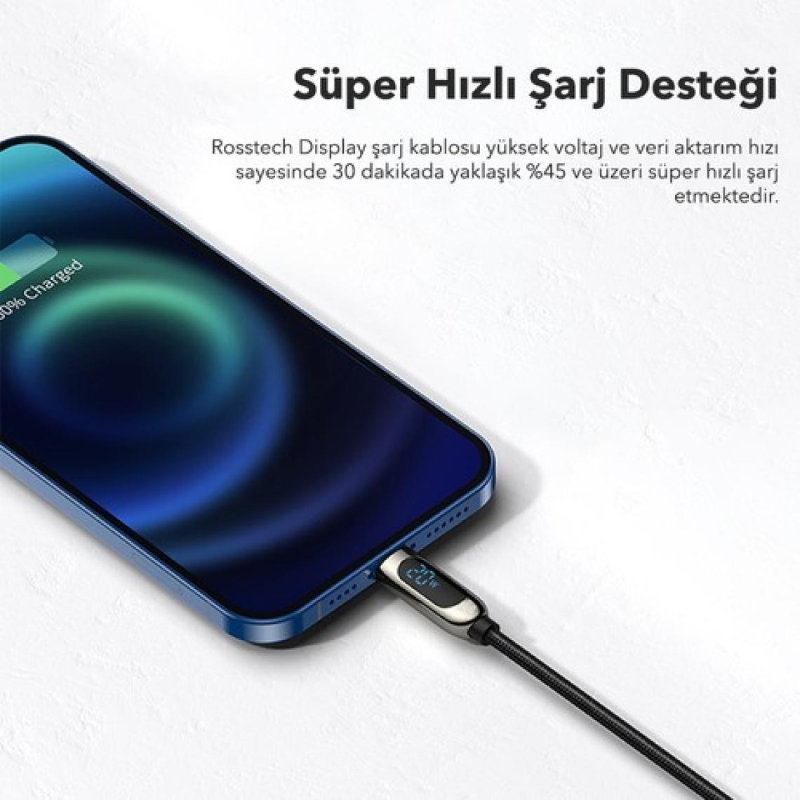 Rosstech 20W Usb-C To Lightning Dijital Ekranlı Hızlı Şarj Kablosu 1.2m (Rosstech Türkiye Garantili)