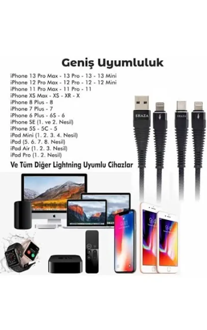 Shaza Apple iPhone Uyumlu Lightning 5A 100 W Örgülü Hızlı Şarj ve Data Kablosu 1 Metre