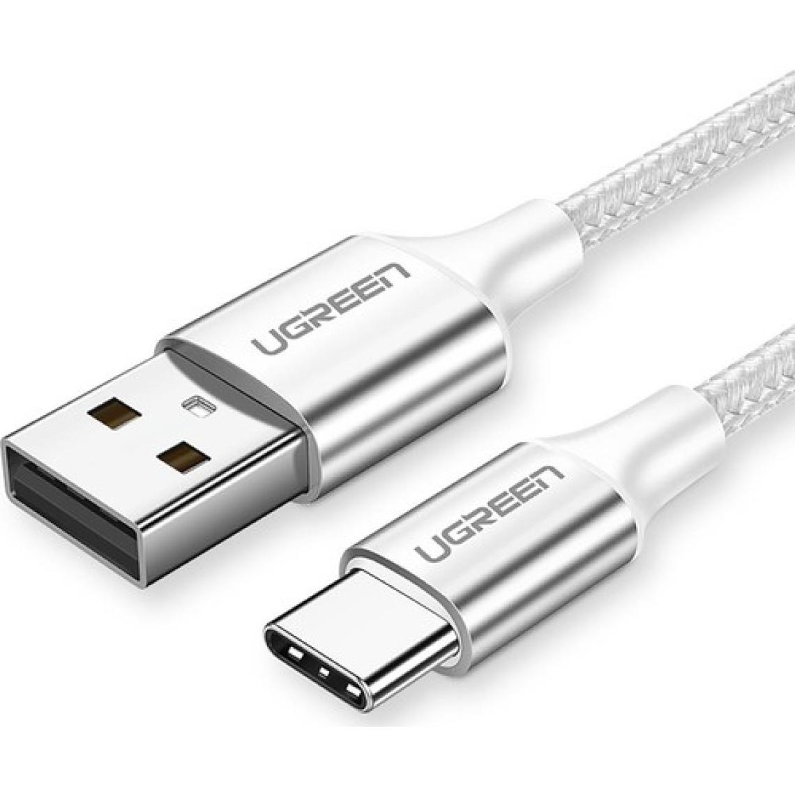 Ugreen USB-C to USB-A 3A QC Örgülü Hızlı Şarj Kablosu, 2 Metre, Gümüş Beyazı - 60133