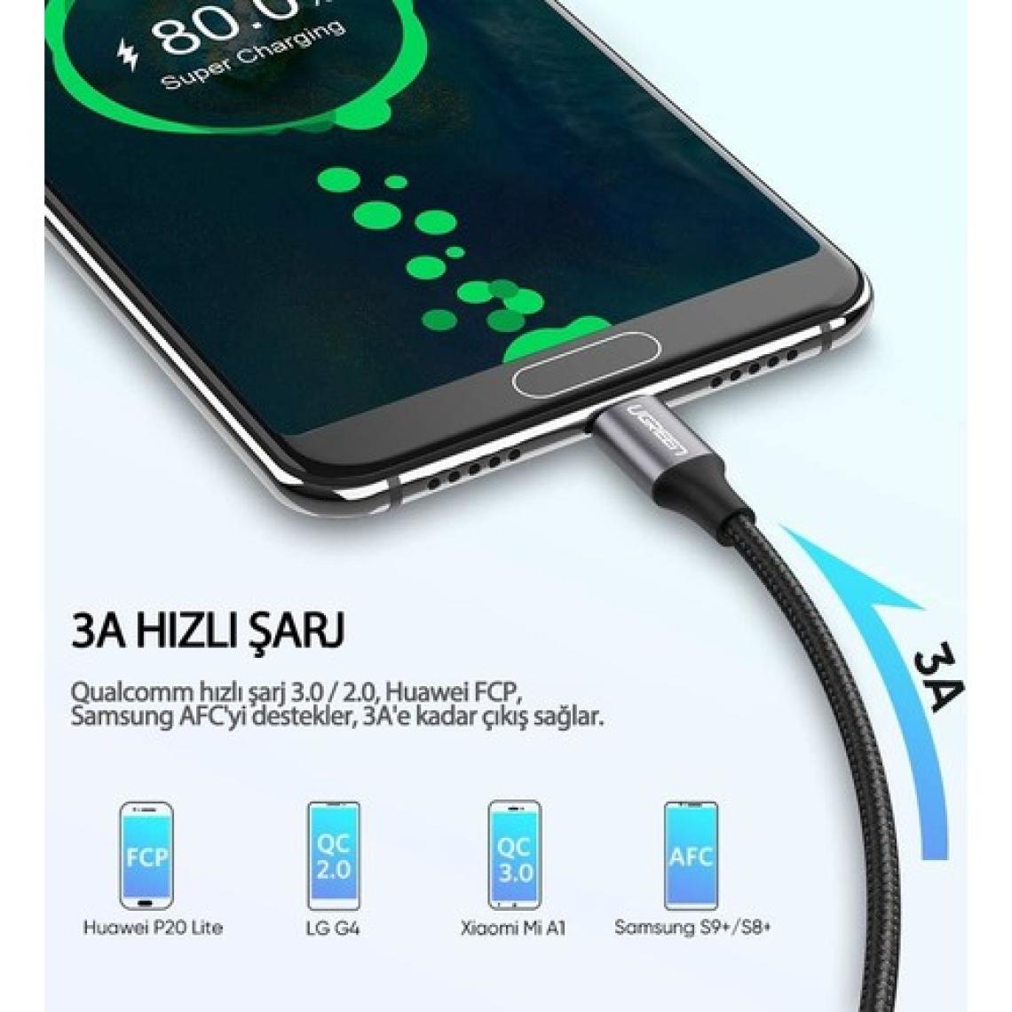 Ugreen USB-C to USB-A 3A QC Örgülü Hızlı Şarj Kablosu, 2 Metre, Gümüş Beyazı - 60133