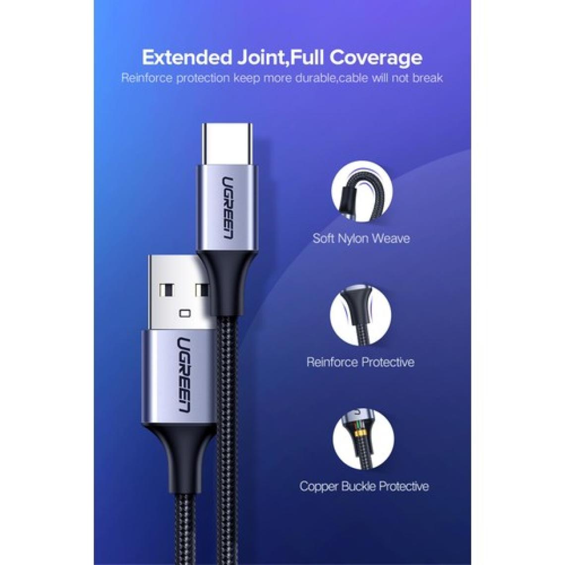 Ugreen USB-C to USB-A 3A QC Örgülü Hızlı Şarj Kablosu, 2 Metre, Gümüş Beyazı - 60133