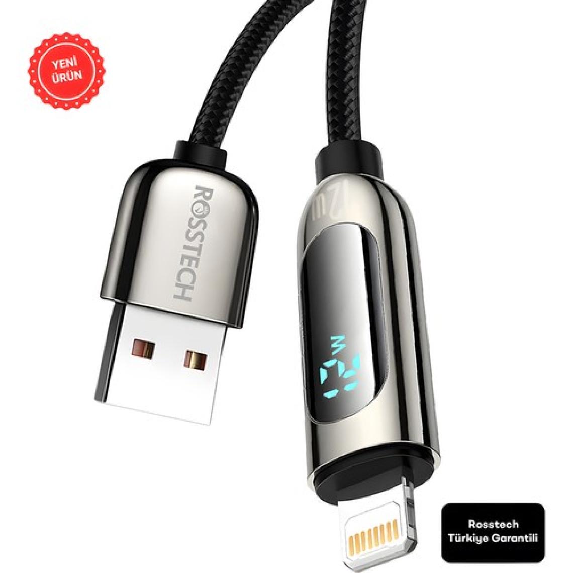 Rosstech 12W Lightning To USB Dijital Ekranlı Hızlı Şarj Kablosu 1.2m (Rosstech Türkiye Garantili)