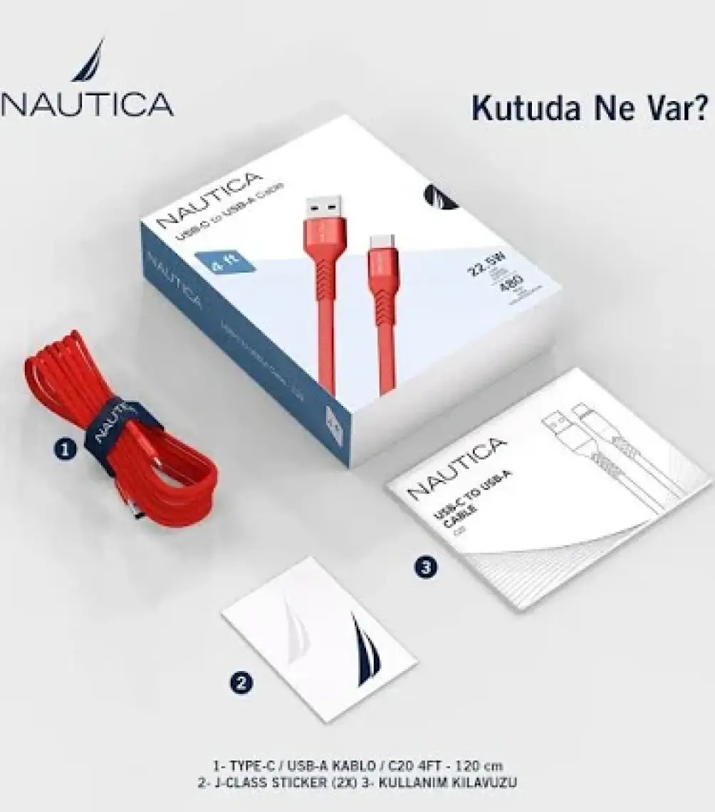 Nautica C20 Type-C To Usb-A 22.5W Hızlı Şarj ve Data Kablosu 1.2m Kırmızı