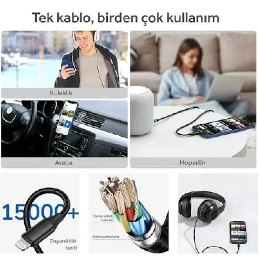 Woyax by Deji iPhone Lightning Aux 3.5mm Ses Kablosu 1.2m Stereo Ses