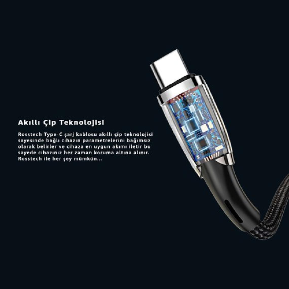 Rosstech Type-C To USB LED Hızlı Şarj Kablosu 3.0A 15W 1m (Rosstech Türkiye Garantili)