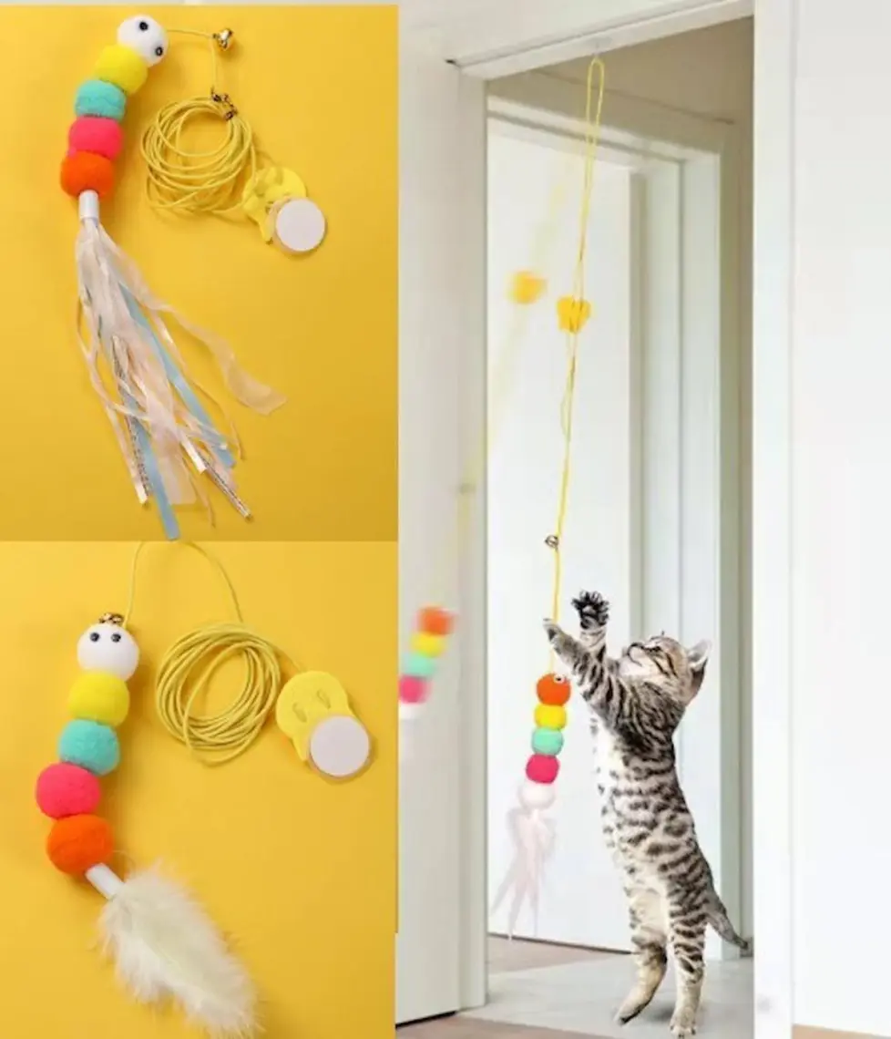 Tineke Elastik Kendinden Yapışkanlı Renkli Kedi Oyun Oltası Kedi Oyuncağı Yapışkanlı Olta Eğitim Oyuncağı