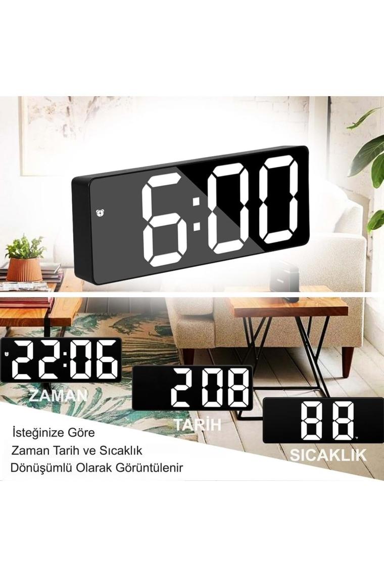 Hymark LED Ekran USB Güç Dijital Aynalı Masa Saati Sıcaklık Alarm Takvim